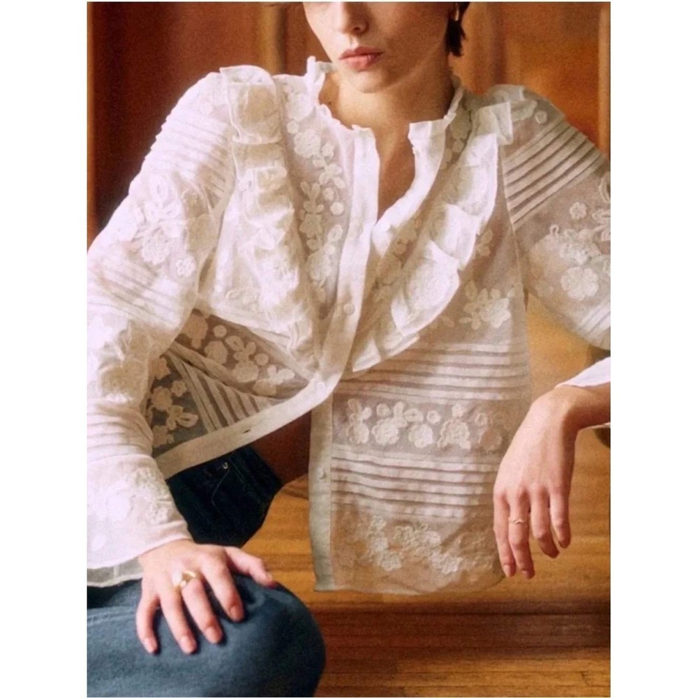 Sezane Nele NWT Ecru Tulle Lace Ruffle Floral Embroidered Blouse 42 US 12